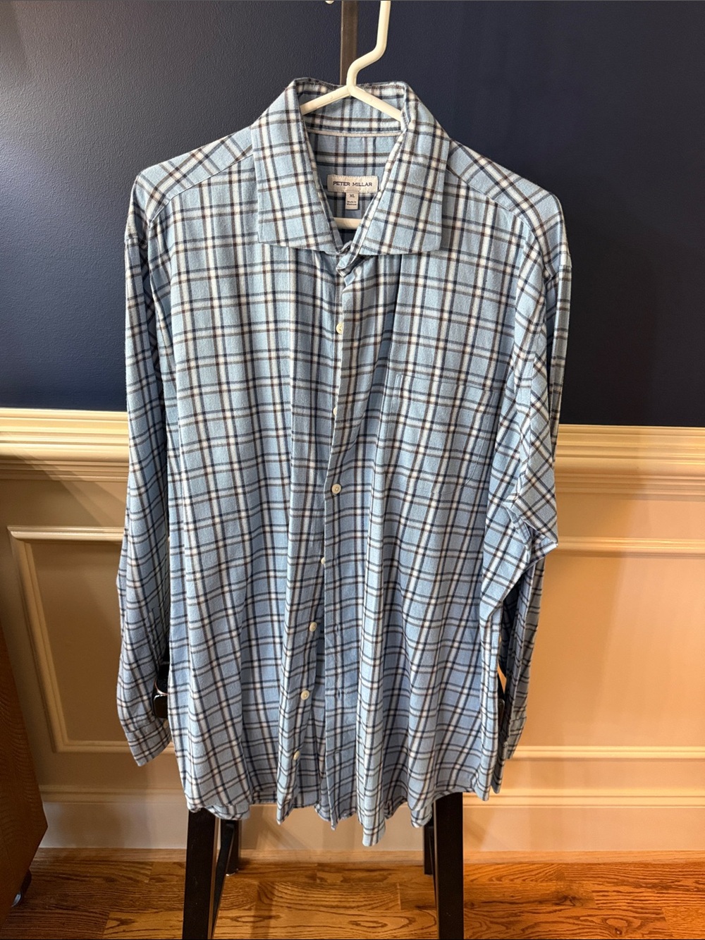 Peter Millar Light Blue, Brown and Navy Plaid Men's Flannel Button-Down Shirt
